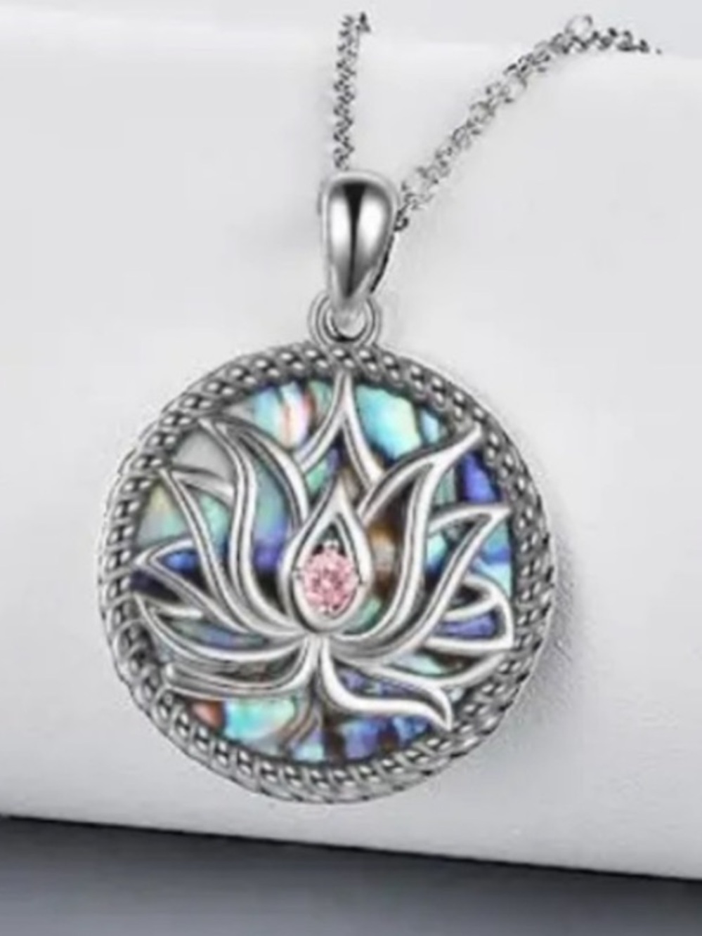 Lotus Shell Inlay Pendant Necklace Stainless Steel Round Medallion 18” Chain - Picture 4 of 5